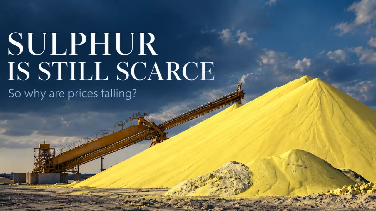 A stockpile of yellow sulphur under a conveyor, with the article title